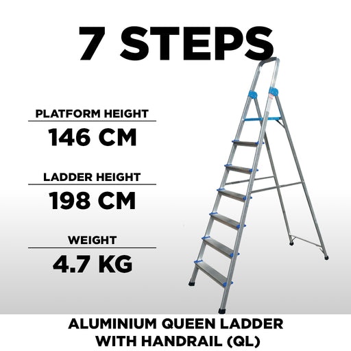 7 Steps Aluminium Queen Ladder With Handrail ALUCLASS (QL07) - ALUCLASS MY