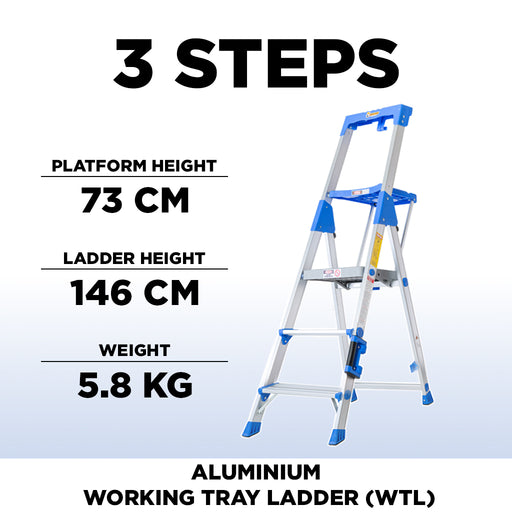 Aluminium 3 Steps Working Tray Ladder AL-WTL03 ALUCLASS - ALUCLASS MY