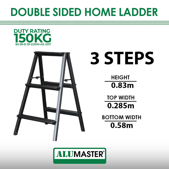 Alumaster 150kg MINI Double Side Home Ladder AL-HL-3S/PF/ AL-HL-3S/WG ALUCLASS Matte Black/ Wood Finish