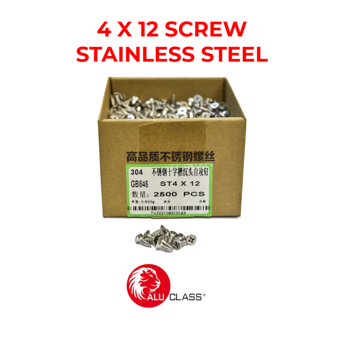 4 X 12 mm Stainless Steel Screw Aluclass AA-SCREW 4X12 (FH) S.STEEL - ALUCLASS MY
