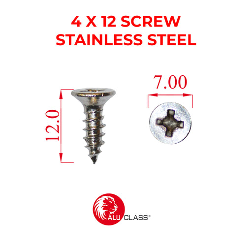 4 X 12 mm Stainless Steel Screw Aluclass AA-SCREW 4X12 (FH) S.STEEL - ALUCLASS MY