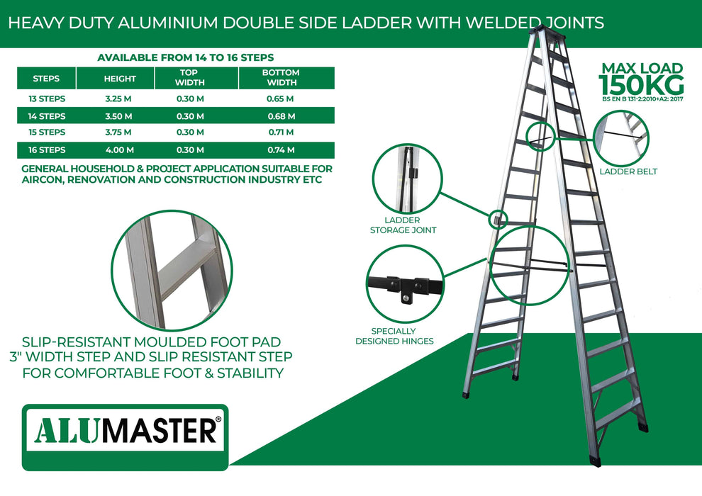 ✨SELF-PICKUP ONLY✨ ALUCLASS GENUINE - Heavy Duty Aluminium Welded Ladder (13 Steps Double Sided)  AL-13SDWL - ALUCLASS MY