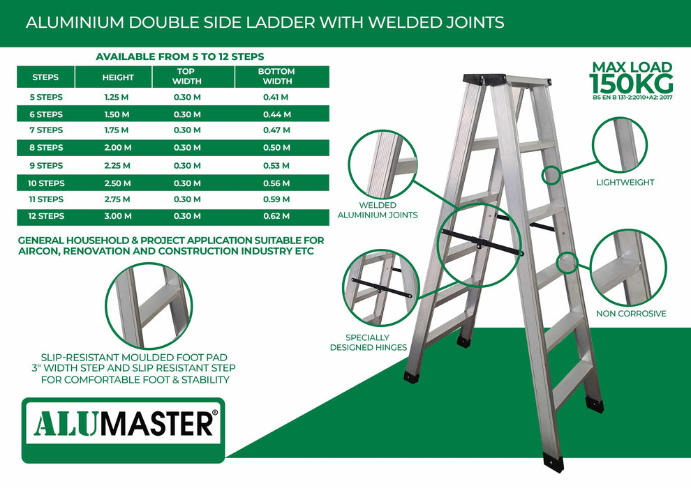 ✨READY STOCK✨ ALUCLASS GENUINE - Heavy Duty Aluminium Welded Ladder (10 Steps Double Sided) AL-10SDWL - ALUCLASS MY