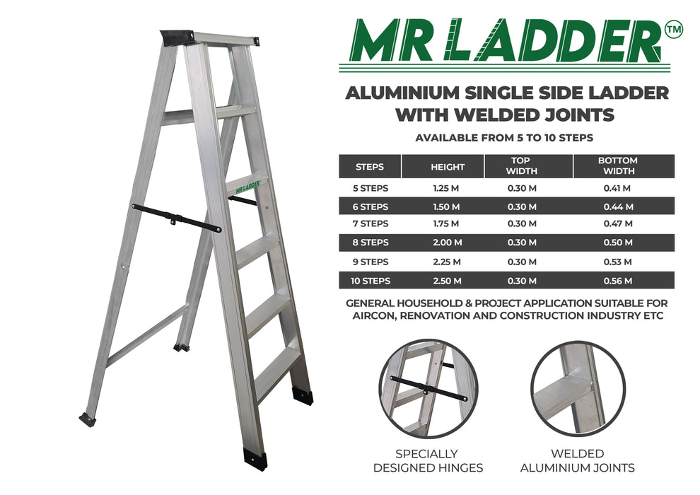 Mr Ladder Home Use Aluminium Single Side Welded Ladder (6 Steps) AL-SWL70-6S ALUCLASS - ALUCLASS MY